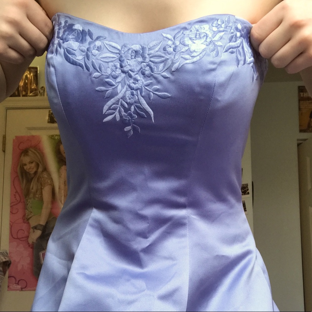 periwinkle prom dress strapless embroidered